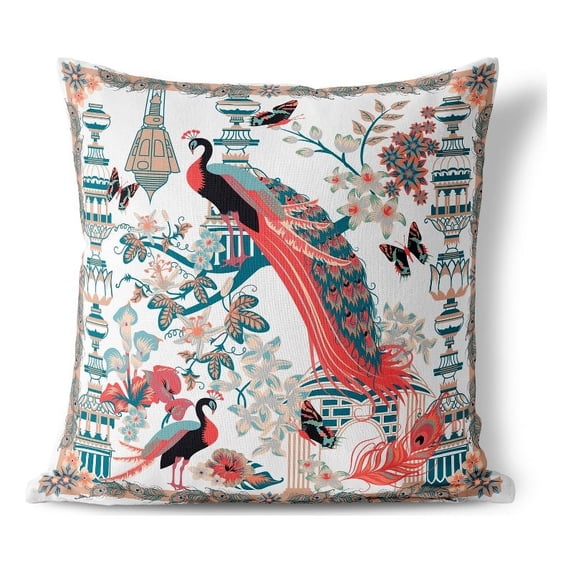 Peacock Paradise Indoor/Outdoor Fabric Pillow in White 18x18