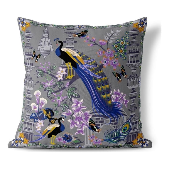 Peacock Paradise Indoor/Outdoor Pillow with Removable Cover in Gray 16x16