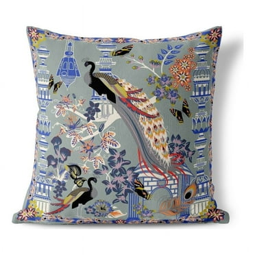Peacock Paradise Indoor/Outdoor Pillow with Removable Cover in Gray 18x18