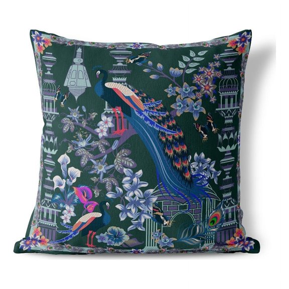 Peacock Paradise Indoor/Outdoor Pillow with Removable Cover in Green 18x18