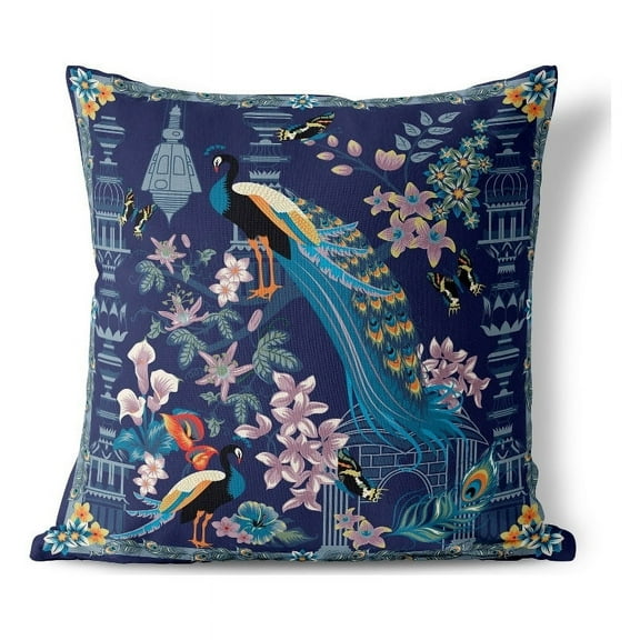 Peacock Paradise Indoor/Outdoor Pillow with Removable Cover in Indigo 20x20