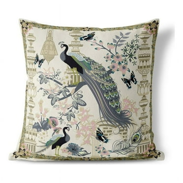 Peacock Paradise Indoor/Outdoor Pillow with Removable Cover in Yellow 16x16