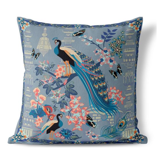 Peacock Paradise Indoor/Outdoor Broadcloth Fabric Pillow in Blue 18x18