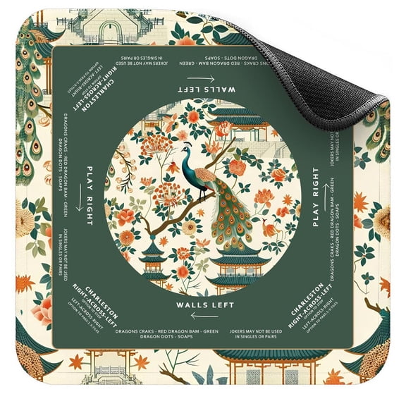 Peacock Pattern Mahjong Mat - 31.5-inch Non-Slip Game Mat with Rules Instructions