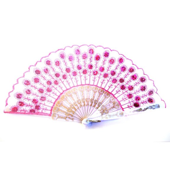 Peacock Pattern Sequin Fabric Hand Fan with White Background-red
