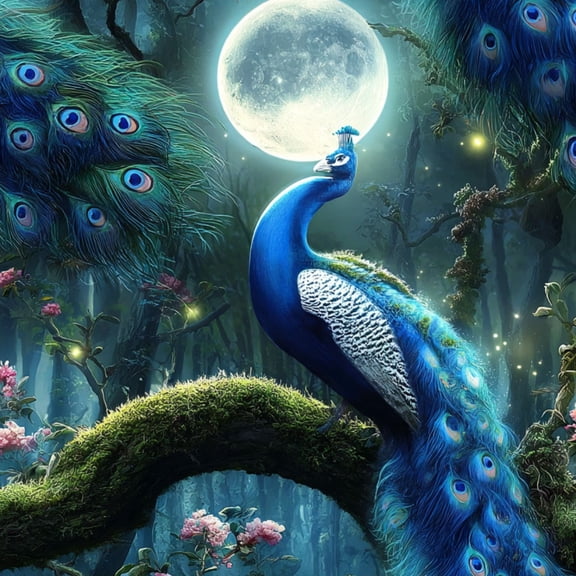 Peacock Peel and Stick Wallpaper 17.7in x 9.8ft Peacock Under Full Moon Forest Fantasy Contact Paper Vinyl Waterproof Self Adhesive Wall Paper for Bedroom Shelf Cabinet Renter Friendly