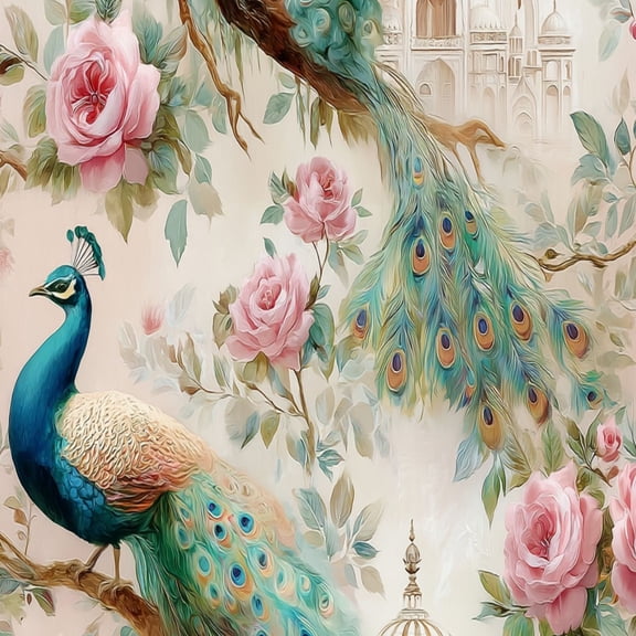 Peacock Peel and Stick Wallpaper 23.6in x 9.8ft Peacock Roses Taj Mahal Pastel Floral Contact Paper Vinyl Waterproof Self Adhesive Wall Paper for Bedroom Shelf Cabinet Renter Friendly