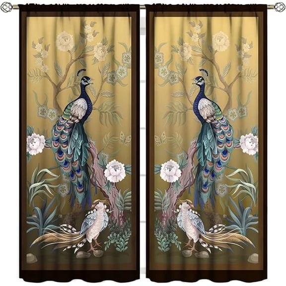 Peacock Peony Curtains,Vintage Chinese Style Japanese Decor Blackout Window Door Curtains For Bedroom Living Room Dining Room Decor 53"W x 84"L (Pack of 2)