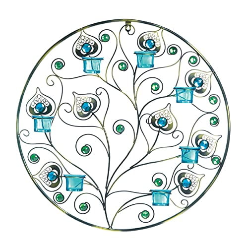 Peacock Plumes Circular Metal and Glass Candle Wall Sconce 23"