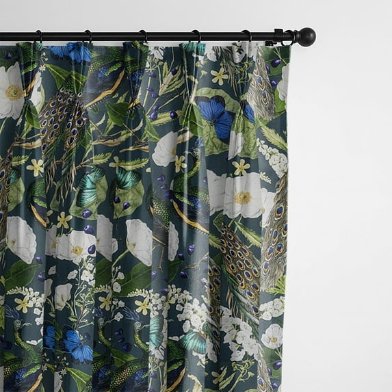 Peacock Print Teal/Navy Pinch Pleat Drapery Panel - Pair 20"x84"