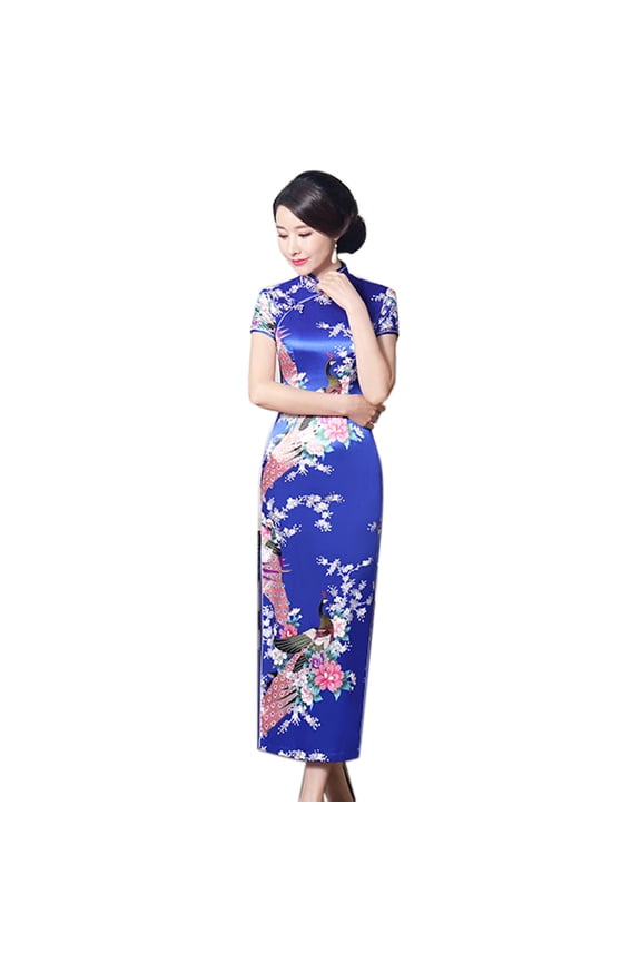 Peacock Print Women Chinese Long Cheongsam Bridesmaid Short Sleeve Evening Dress
