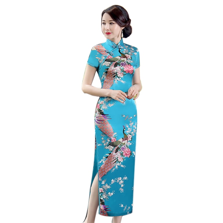 Peacock Print Women Chinese Long Cheongsam Bridesmaid Short Sleeve Evening  Dress - Walmart.com