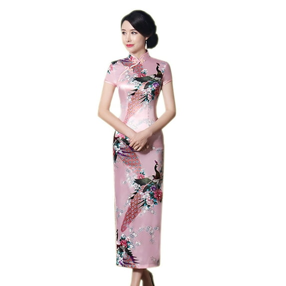 Peacock Print Women Chinese Long Cheongsam Bridesmaid Short Sleeve Evening Dress