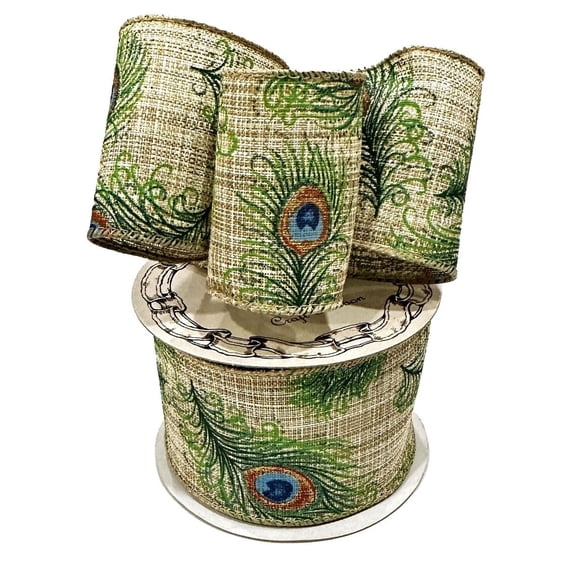 Beige Peacock Print Wired Ribbon - 2 1/2 inch x 10 Yards, Mother's Day, Blue, Green, Gold Feathers, Birthday, Wedding, Party, DIY Wreath, Swag, Garland, Mardi Gras, Fall, Thanksgiving, Christmas