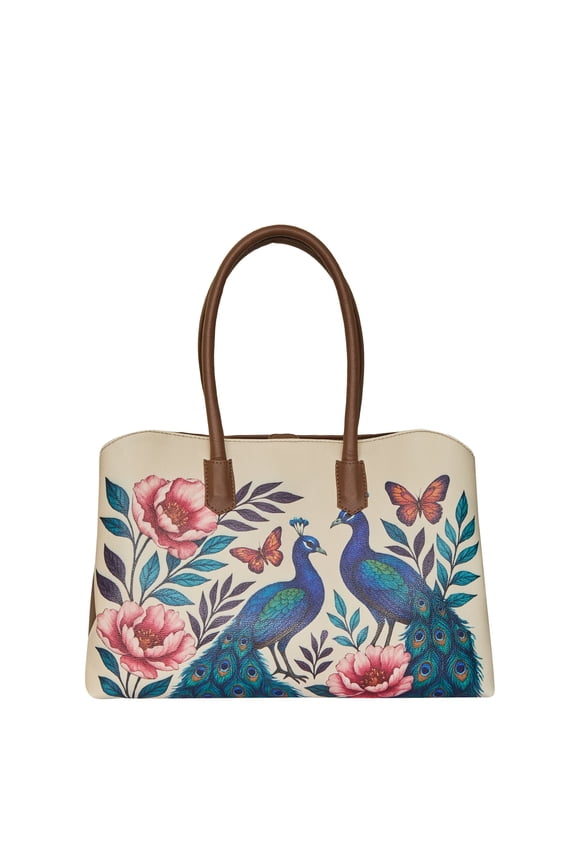 Peacock Printed Vegan Leather Carryall Tote Bag for Women Top Handle Shoulder Handbag for Office, Work & Daily Outings
