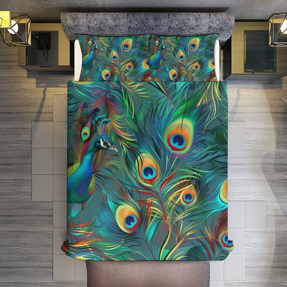 Peacock Quilt Cover Set Fashionable Printed Bedding Covers with Pillowcase Home Textiles, Queen (90"x90")