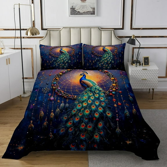 Peacock Quilt Set Dream Catcher Bedspread Set King,Boho Watercolor Feather Coverlet Set Aesthetic Animals Quilted,Exotic Bohemian Decor