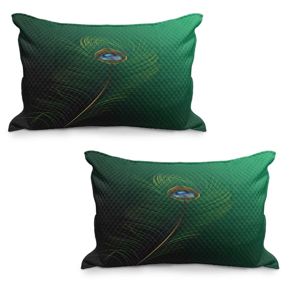 Peacock Quilted Pillowcover Set of 2, Peacock Feather Illustration in Simplistic Style Wild Nature Life Print, Standard Queen Size Pillow Cover for Bedroom, 36" x 20", Green Blue, by Ambesonne