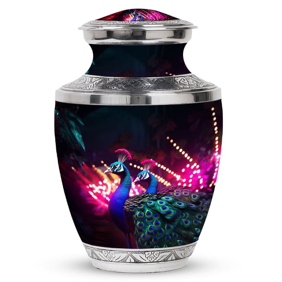 Peacock in a Red Forest Urn For Ashes Adult Male, Memorial Cremation Urns For Human Ashes, Large Funeral Urns, Peacock in a Red Forest Decorative Burial Urns For Ashes 10 Inch