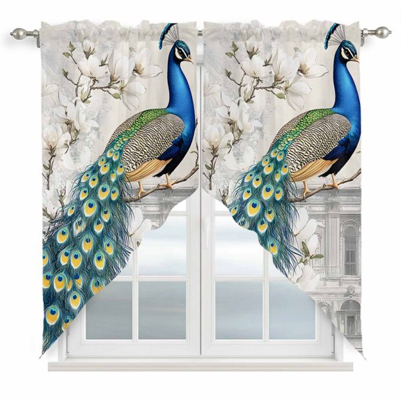 Peacock Retro Attic Swag Curtain Valance for Window 2 Panels Chinese Style Rod Pocket Small Window Swag Valances for Kitchen Bedroom Bathroom 36" W x 45" L