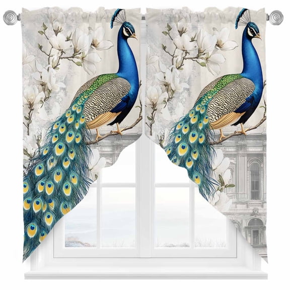 Peacock Retro Attic Swag Kitchen Curtain Valances, Chinese Style Rod Pocket Curtains Window Treatment Decor Valances for Bedroom Bathroom, 2 Panels 28 x 36 Inch