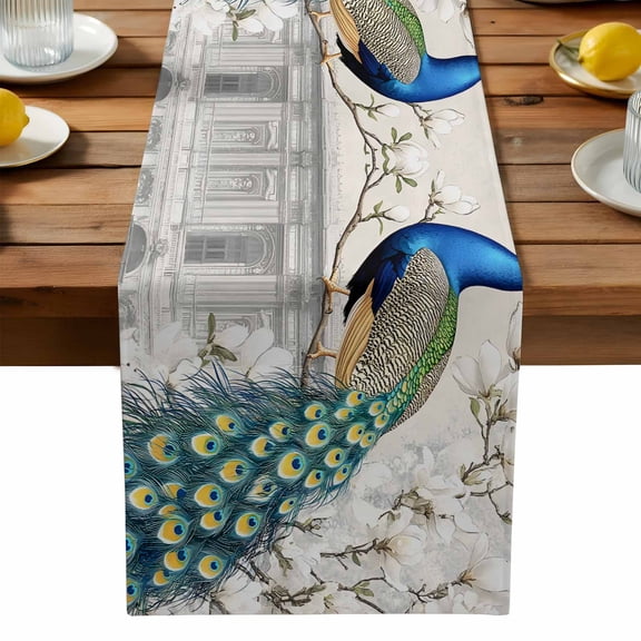 Peacock Retro Attic Table Runner, Chinese Style Kitchen Table Runners Dress Scarves for Table Decorations Party/Restaurant/Indoor Outdoor Use, 13x36in