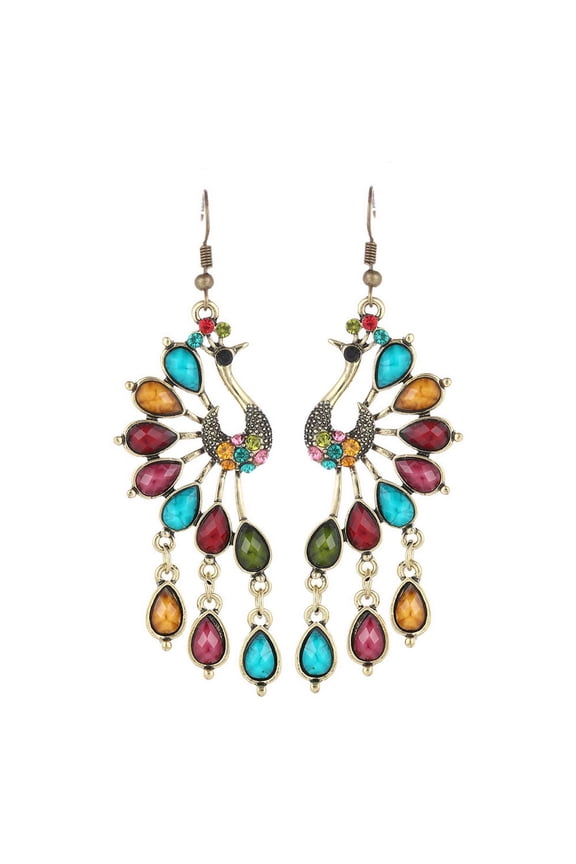 Peacock Rhinetsone Dangle Earrings for Women,Boho Bird Dangly Earrings Ethnic Natural Earrings Cute Vintage Animal Earrings Retro Bohemian Colorful Jewelry