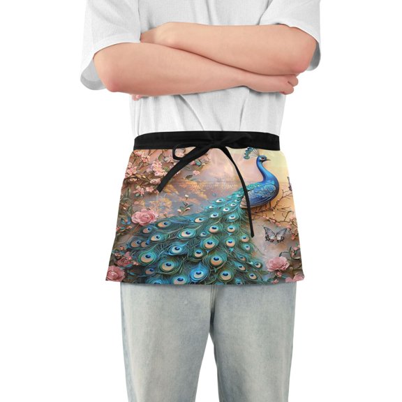 Peacock Rose Butterflies Server Apron with 3 Pockets Waterproof Waitress Waist Short Apron for Man Woman 12 Inches