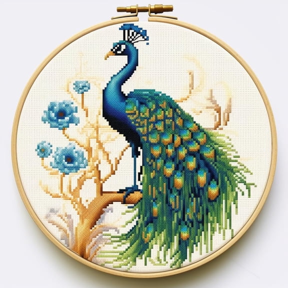 Peacock Round Shape DIY Stamped Cross Stitch Kits for Beginners Easy with Hoop 11CT Needlepoint Embroidery Counted Cross Stitch Kits Art Craft Wall Decor and Gift 35x35cm(2)