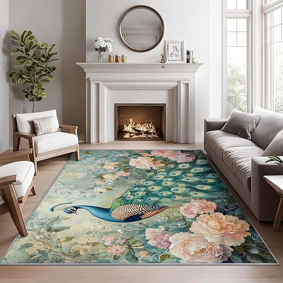 Peacock Rugs for Living Room -Vintage Floral Rug, Botanical Bird Area Rugs for Bedroom, Shabby Chic Spring Flower Washable Carpet for Entryway, Kitchen, Peacock Feather Home Decor & Gift 5 x 7ft