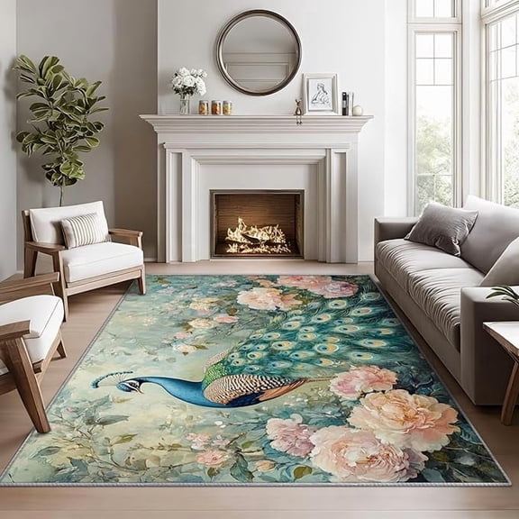 Peacock Rugs for Living Room -Vintage Floral Rug, Botanical Bird Area Rugs for Bedroom, Shabby Chic Spring Flower Washable Carpet for Entryway, Kitchen, Peacock Feather Home Decor & Gift 3 x 4ft