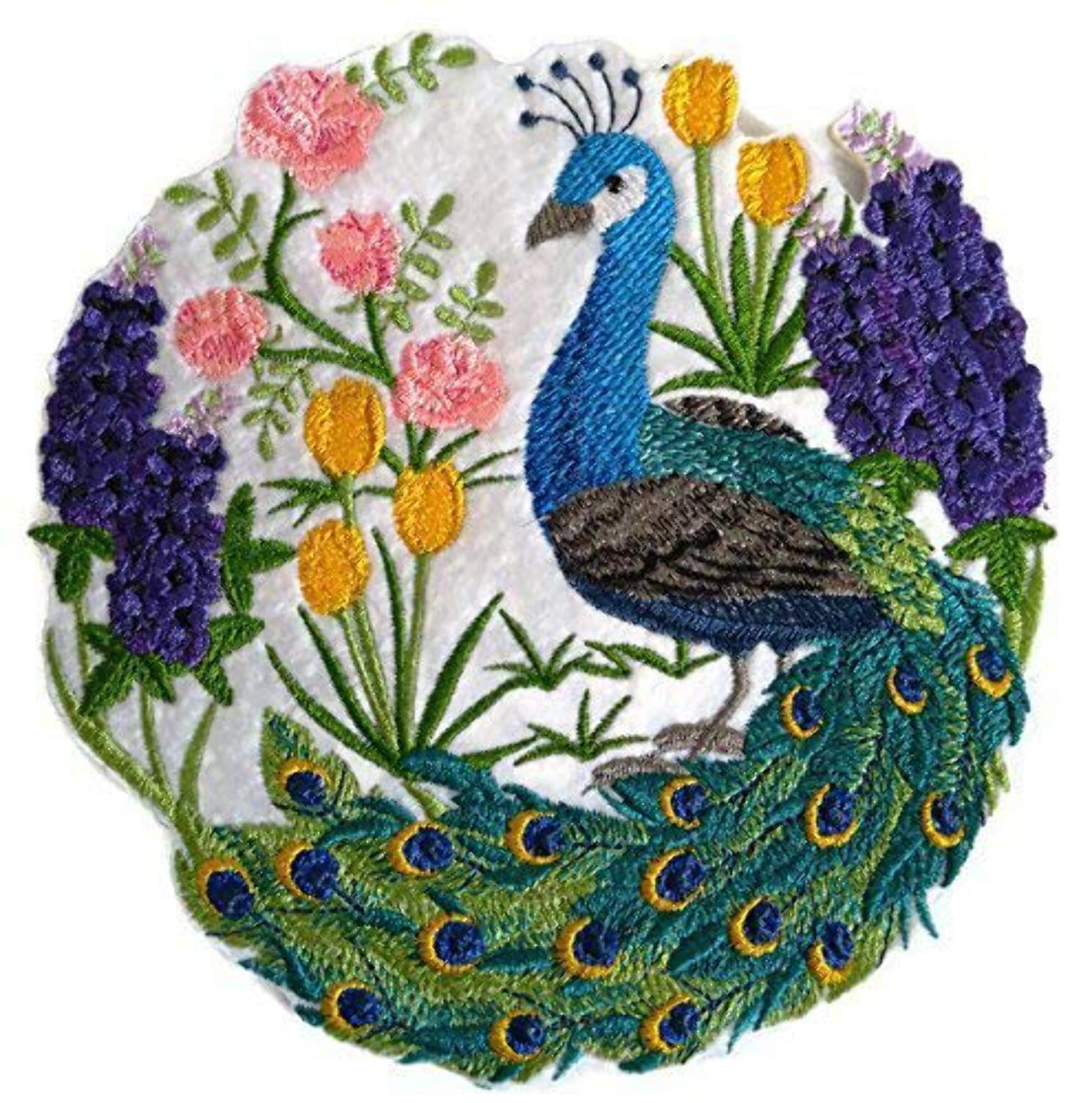 Peacock Scene Embroidered Iron on/Sew Patch [6.8"]