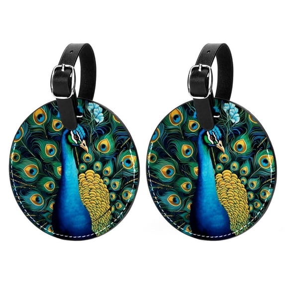 Peacock Set of 2pcs PU Leather Round Suitcase Tags with Privacy Cover and Name ID Tag - Ideal for Travel Luggage, Handbags, Backpacks, School Bags
