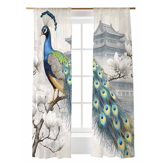 Peacock Sheer Curtains 2 Panels Set Retro Flowers Watercolor Attic Vintage Lihgt Filtering Rod Pocket Voile Drape, Semi Sheer Window Curtains for Bedroom Living Room, 52"x108"
