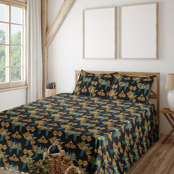 Ambesonne Peacock Fitted & Flat Sheet with Shams 4 Pcs Set, Exotic Bird Curlicue Boho, Full, Dark Teal and Marigold