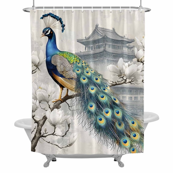 Peacock Shower Curtain for Bathroom, Retro Flowers Watercolor Attic Vintage Waterproof Cloth Fabric Bathroom Accessories Set with 12 Rust Proof Plastic Hooks, 36"x78"