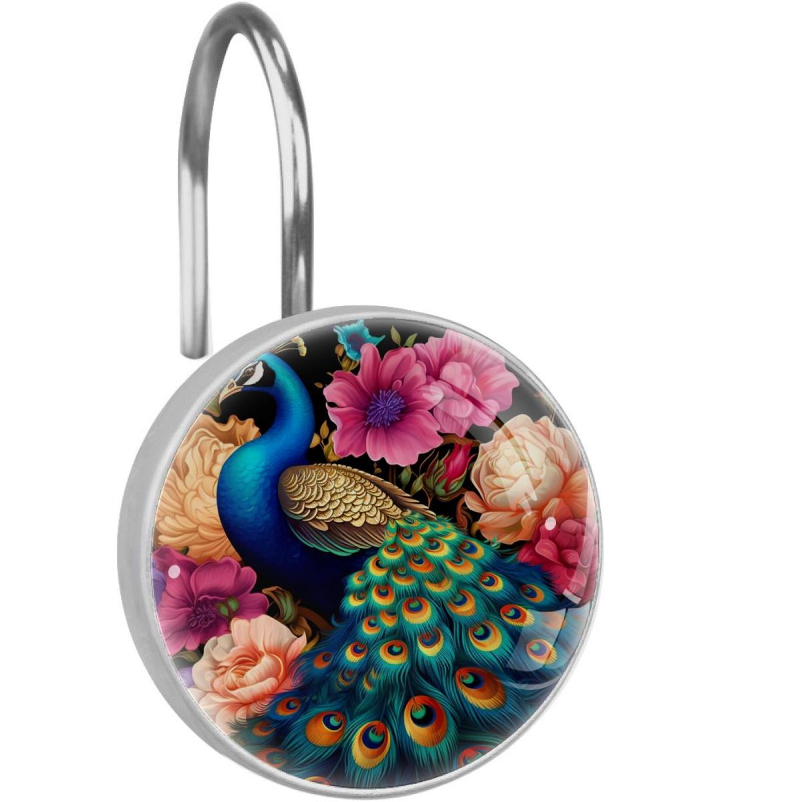 Peacock Shower Curtain Hooks （Set of 12） for Home Hotel Shower Rods Bathroom Crystal Glass Print Stainless Steel Round Curtain Hooks