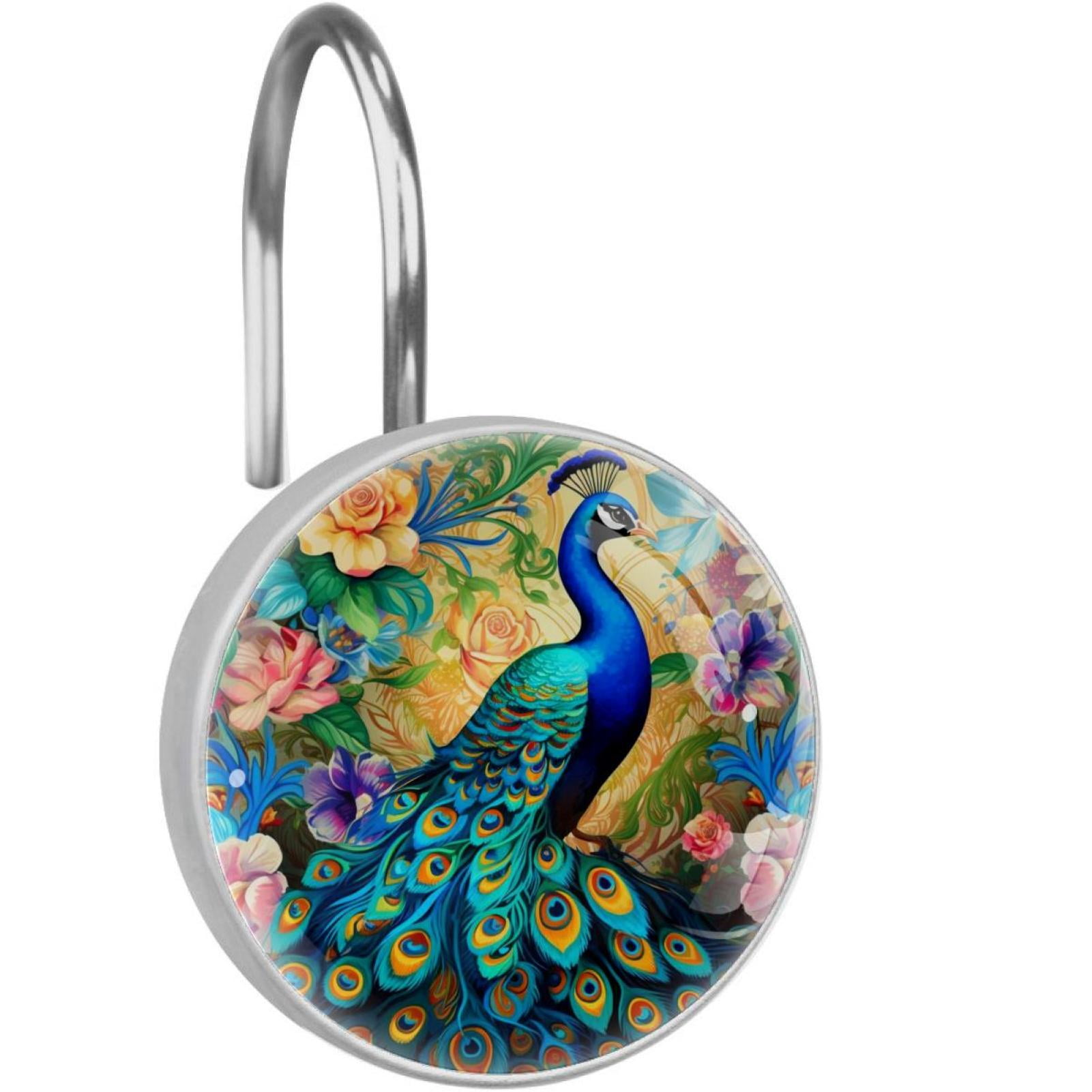 Peacock Shower Curtain Hooks （Set of 12） for Home Hotel Shower Rods Bathroom Crystal Glass Print Stainless Steel Round Curtain Hooks