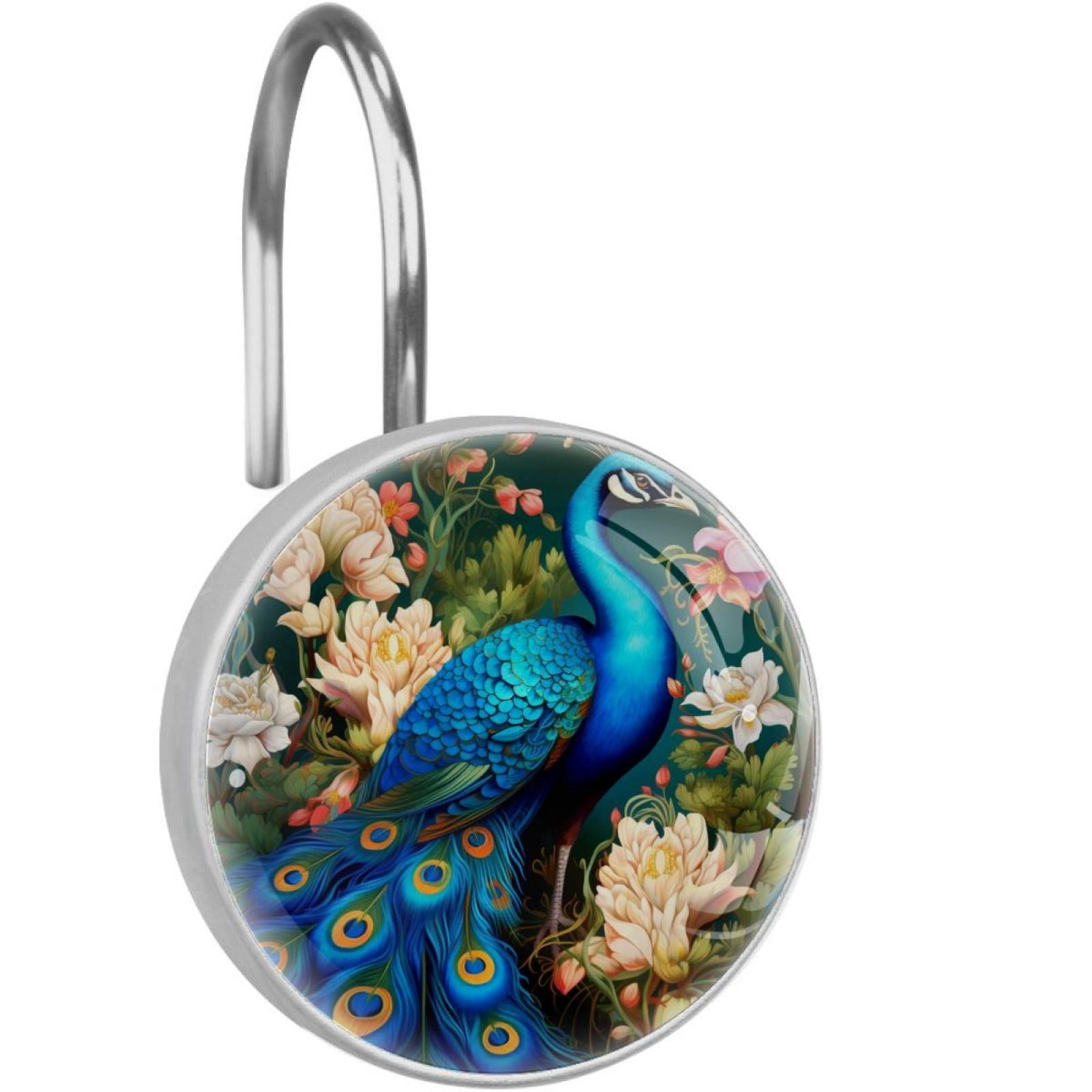 Peacock Shower Curtain Hooks （Set of 12） for Home Hotel Shower Rods Bathroom Crystal Glass Print Stainless Steel Round Curtain Hooks
