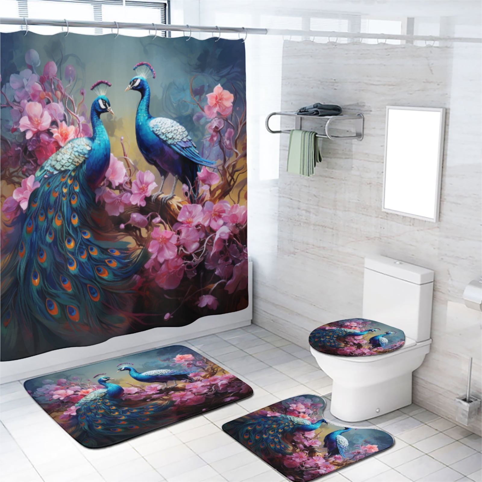 Peacock Shower Curtain Set with Rugs Blue Beautiful Bird Flower Plant Watercolor Bathroom Decor Bath Curtain with Rugs Toilet Lid Cover Bath Mat, 72x72 Inch