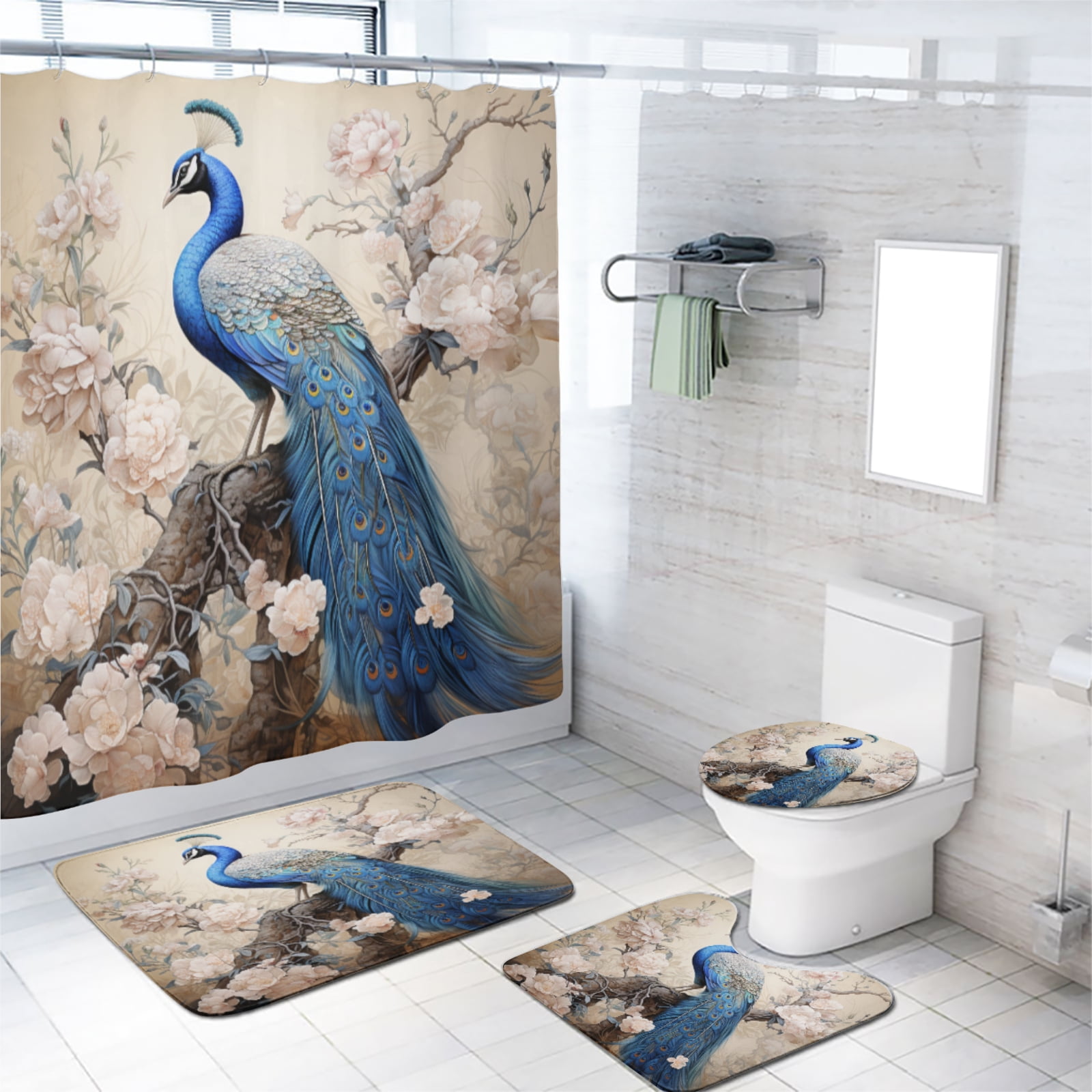 Peacock Shower Curtain Sets with Rugs 4 Piece Blue Beautiful Bird Asian Animals Peacock Feather with Non-Slip Rugs Toilet Lid Cover and Bath Mat Bathroom Decor Set, 72x72 Inch