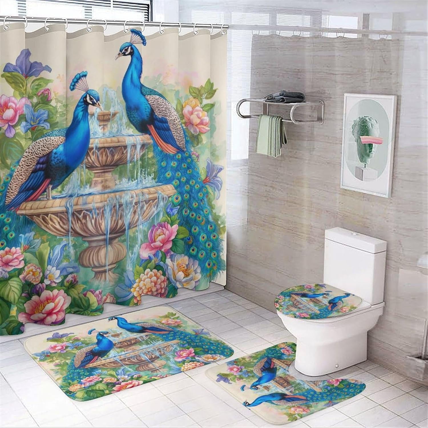 Peacock Shower Curtain - Asian Floral Bird Pattern Polyester Fabric Bathroom Set With Hooks, 70x70 Inch - View #6