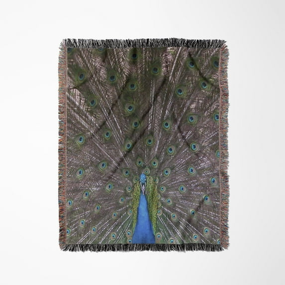 Peacock Showing Off His Feathers, Woven Blanket