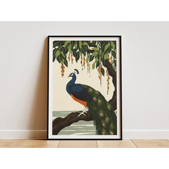 Peacock Sitting On A Tree Branch Under Lush Green Foliage Nature Majestic Bird Poster Unframed Paper Print