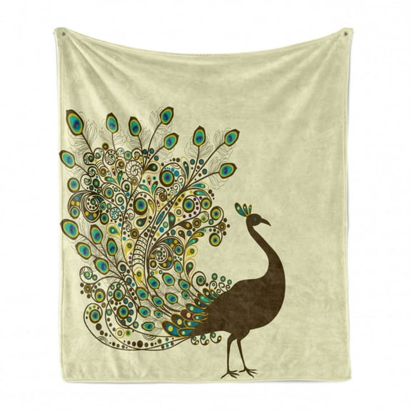 Peacock Soft Flannel Fleece Blanket, Detailed Peacock Bird Profile Wings Open on Beige Background Exotic Artwork Image, Cozy Plush for Indoor and Outdoor Use, 50" x 60", Multicolor, by Ambesonne