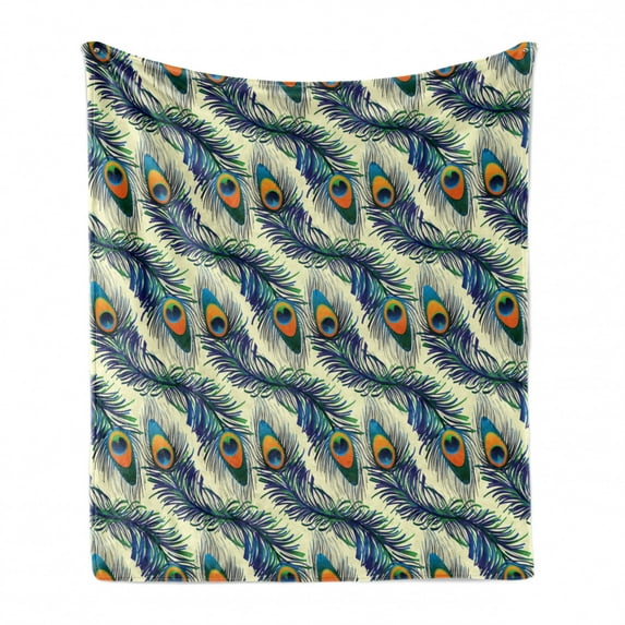 Peacock Soft Flannel Fleece Blanket, Exotic Peacock Feathers Pattern Vintage Style Ornamental Details Image, Cozy Plush for Indoor and Outdoor Use, 50" x 70", Navy Blue Green Orange, by Ambesonne