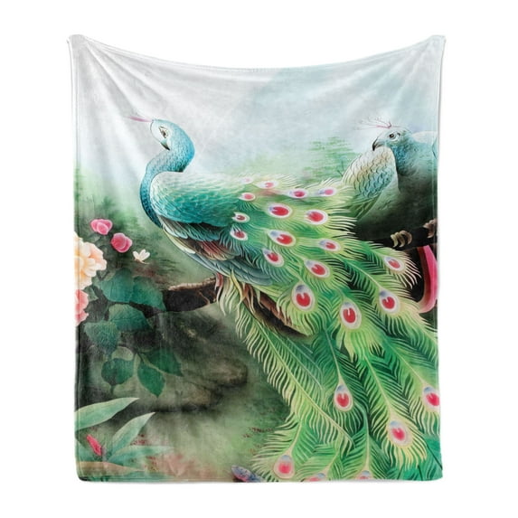 Peacock Soft Flannel Fleece Blanket, Summer Flower Fantasy Garden in Vibrant Colors Painting Effects Nature Art Print, Cozy Plush for Indoor and Outdoor Use, 50" x 60", Green Fuchsia, by Ambesonne