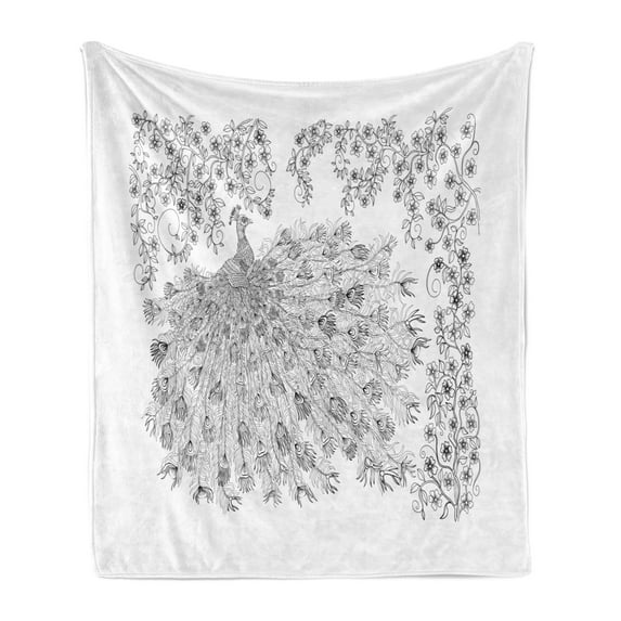 Peacock Soft Flannel Fleece Blanket, Uncolored Design Outline Image of Blossoming Floral Tree Branches and Bird, Cozy Plush for Indoor and Outdoor Use, 50" x 70", Charcoal Grey White, by Ambesonne