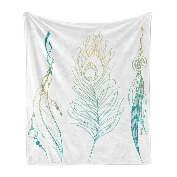 Peacock Soft Flannel Fleece Throw Blanket, Aesthetic First Nations Feather and Peacock Tail Traditional Design Print, Cozy Plush for Indoor and Outdoor Use, 70" x 90", Mint Green Yellow, by Ambesonne