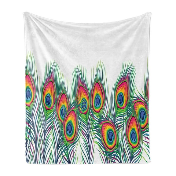 Peacock Soft Flannel Fleece Throw Blanket, Bohemian Artwork Illustration with Colorful Feathers on Plain Background, Cozy Plush for Indoor and Outdoor Use, 50" x 70", Multicolor, by Ambesonne